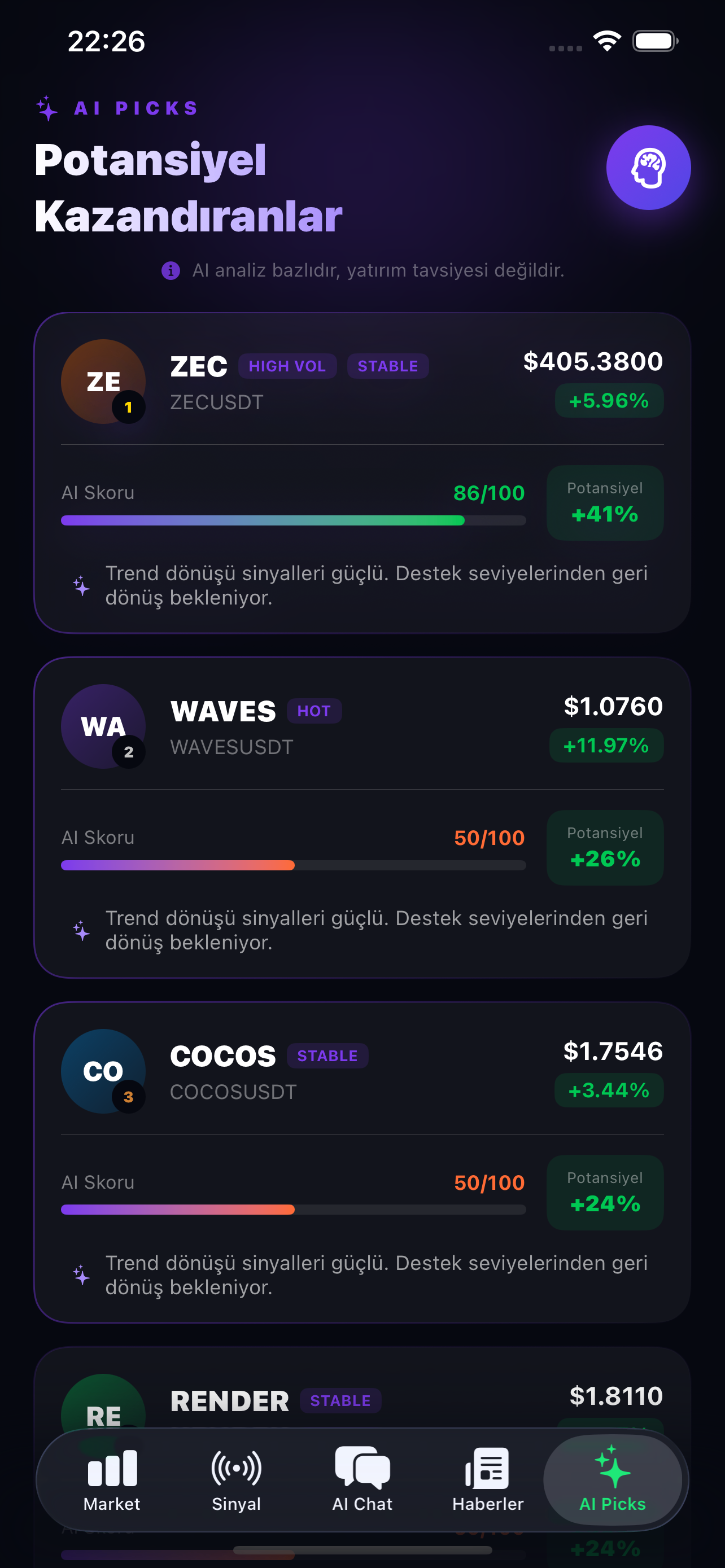 AI Picks ekranı